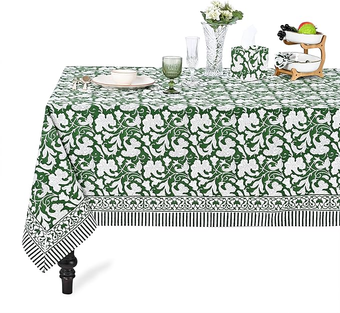 Ridhi Hand Block Print Pantone Artichoke Rectangle Cotton Tablecloth 118" x 70" Reusable Table Cover Decorative Everyday Use for Dining, Farmhouse, Home Gift for Spring, Easter, Valentine