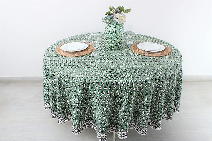 Ridhi Block Print Round Basil Green Reusable Tablecloth 100% Cotton 60" Inch Decorative Table Cover eveyday Dining, Home, Party, Wedding, Farmhouse Gift for Spring, Easter, Valentine