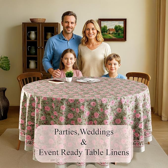 CPC Round Tablecloth- Cotton Indian Block Print Tablecloth -Handmade Printed Washable Cotton Table Cloth - Spring/Summer, Wedding Table Cover - Pink Tourmaline 90 Inches