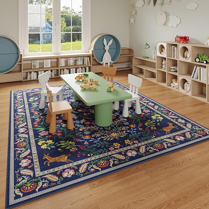 Rugcomf 8x10 Area Rugs for Living Room Washable Rug Floral Non-Slip Large Rug for Living Room, Bedroom, Farmhouse, Dining Room, Kids Playroom(Blue)