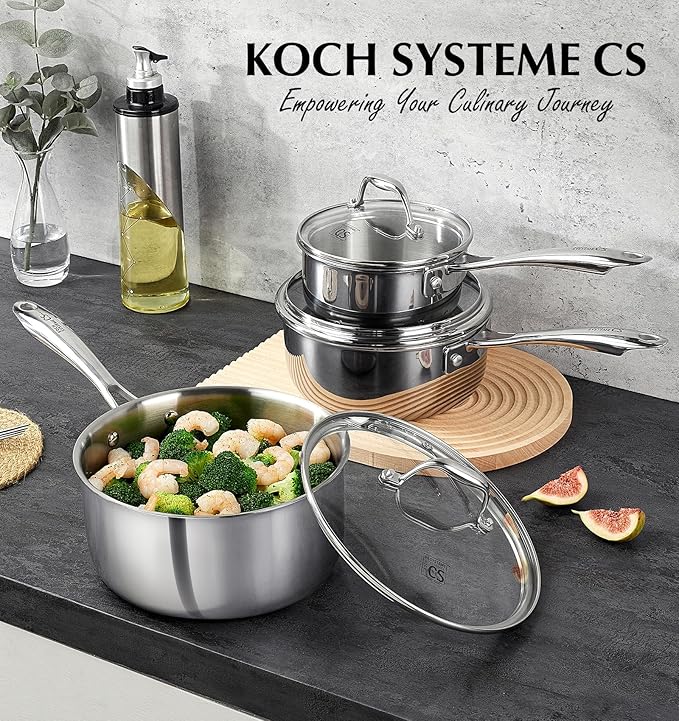 KOCH SYSTEME CS Triply Stainless Steel Saucepan Set, 1QT & 2QT & 3QT Stainless Steel Pot Set with lid, Diswasher & Oven Safe, Induction Compatible Pot, 6PCS
