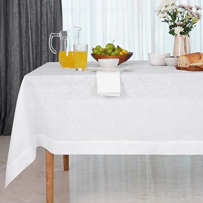 D'Moksha Homes White Tablecloth 60 x 108 Inch - 100% Pure Linen Rectangular Tablecloth - Machine Washable Table Cloth for Valentines, Spring, Easter