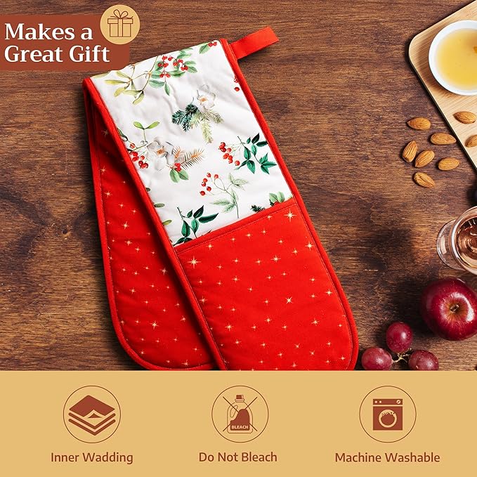 Maison d' Hermine Double Oven Mitt (7" x 35") 100% Cotton Heat Resistant BBQ Cooking Gloves with Loop for Thanksgiving Christmas Decorations Baking Cooking Barbeque Handling Hot Pan (Noel)