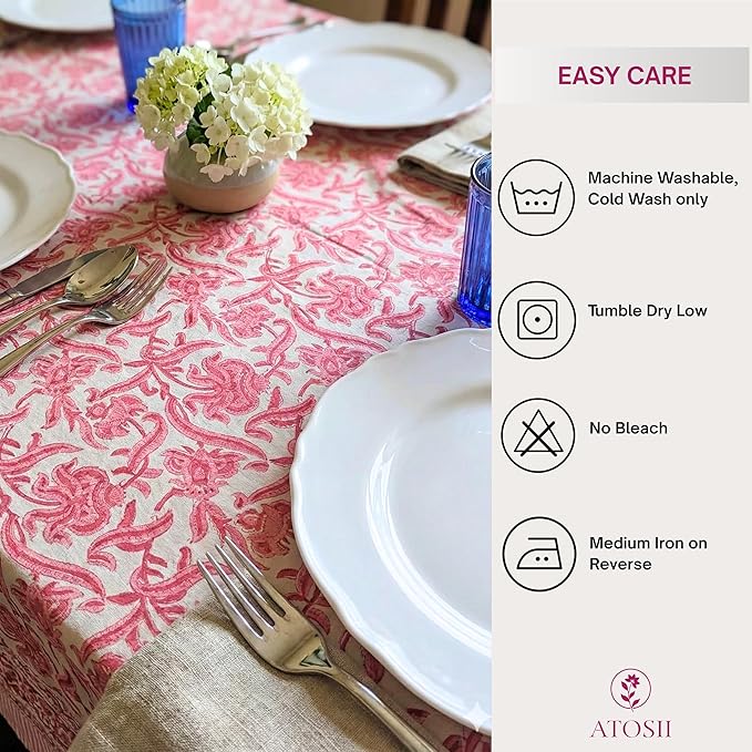 ATOSII Red Bloom 100% Cotton Tablecloth, Handblock Print Rectangle Table Cover for Kitchen Dining I Tabletop Linen I Parties, Wedding, Spring Summer Table Cloth 60 X 108 Inches