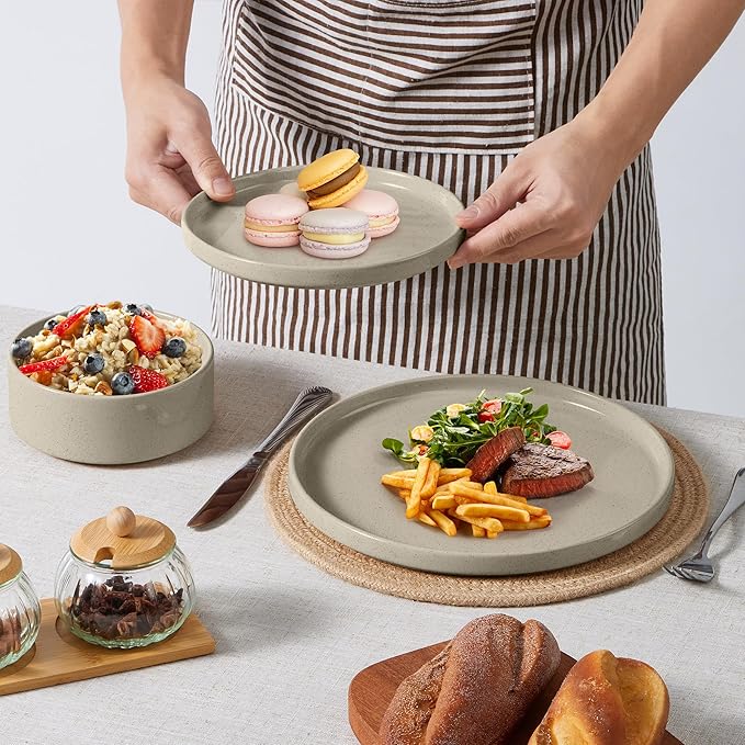 E-far 16-Piece Plates and Bowls Sets - Stoneware Dinnerware Sets with Pasta Bowls for 4 | Microwave & Dishwasher Safe Kitchen Modern Dish Set, Speckled Khaki
