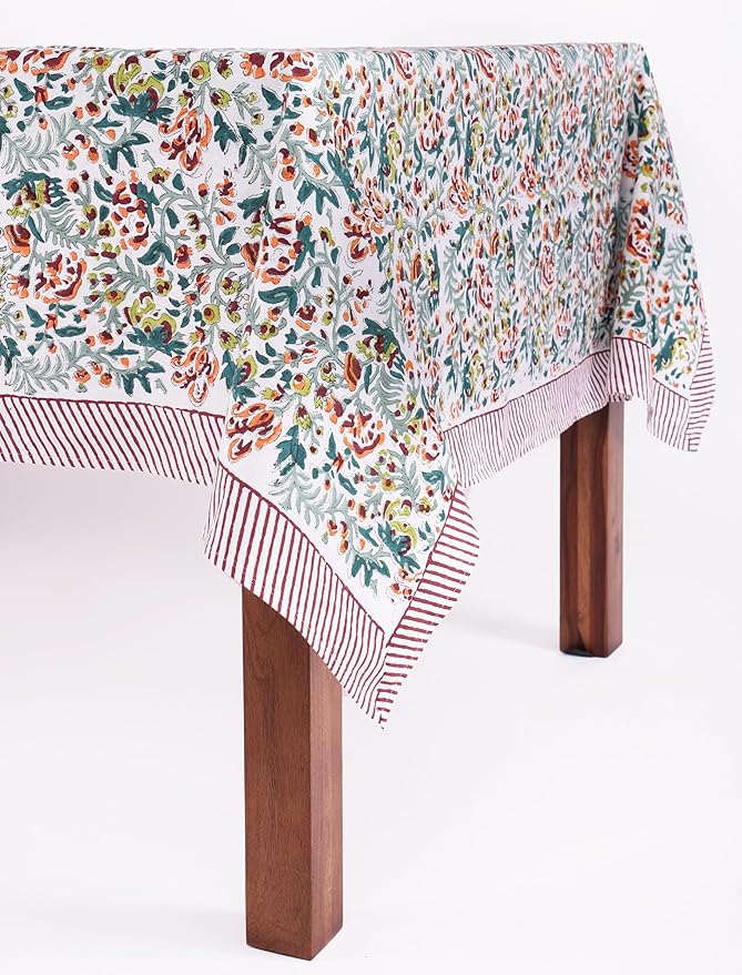 ATOSII Ambrosia Green 100% Cotton Rectangle Fall Tablecloth, Handblock Floral Print Linen Table Cloth for Kitchen Dining I Parties, Outdoors, Christmas, Thanksgiving I 72 X 120 Inches I 10 Seater