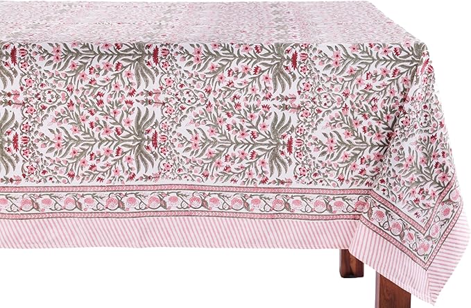 ATOSII Nargis Pink 100% Cotton Rectangle Boho Spring Tablecloth, Handblock Floral Table Cloth Linen for Kitchen Dining I Parties Wedding Outdoors Easter Holidays Home Decor 60 X 108 Inches I 8 Seater