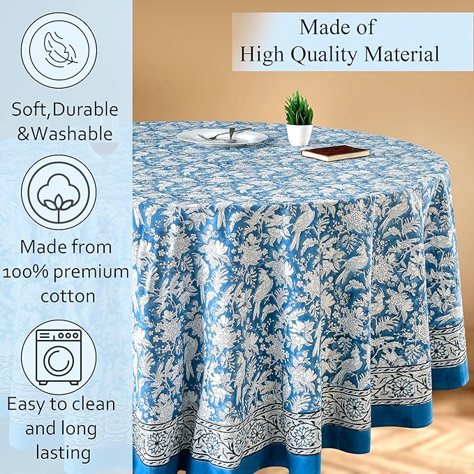 CPC Round Tablecloth- Cotton Indian Block Print Tablecloth -Handmade Printed Washable Cotton Table Cloth - Spring/Summer, Wedding Table Cover - Blue Sapphire 110 Inch