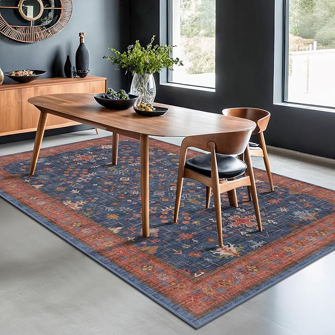Dining Room Rugs for Under Table - 6x8 Washable Area Rug for Living Room, Low Pile Non-Slip Rugs for Bedroom - Navy Blue & Terracotta Vintage Boho Eclectic Home Decor