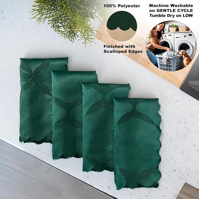 Newbridge Square Napkin, Set of 4 Napkins, Spring and Easter Ribbons and Bows Damask, Wrinkle and Stain Resistant Square Napkins, Holiday Evergreen