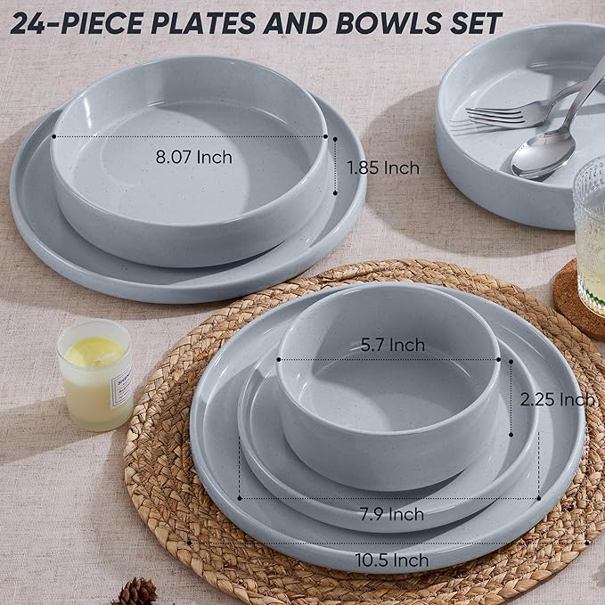 E-far Dinnerware Sets with Pasta Bowls, 24-Piece Stoneware Plates and Bowls Sets for 6 | Microwave & Dishwasher Safe Kitchen Modern Dish Set, Speckled Gray