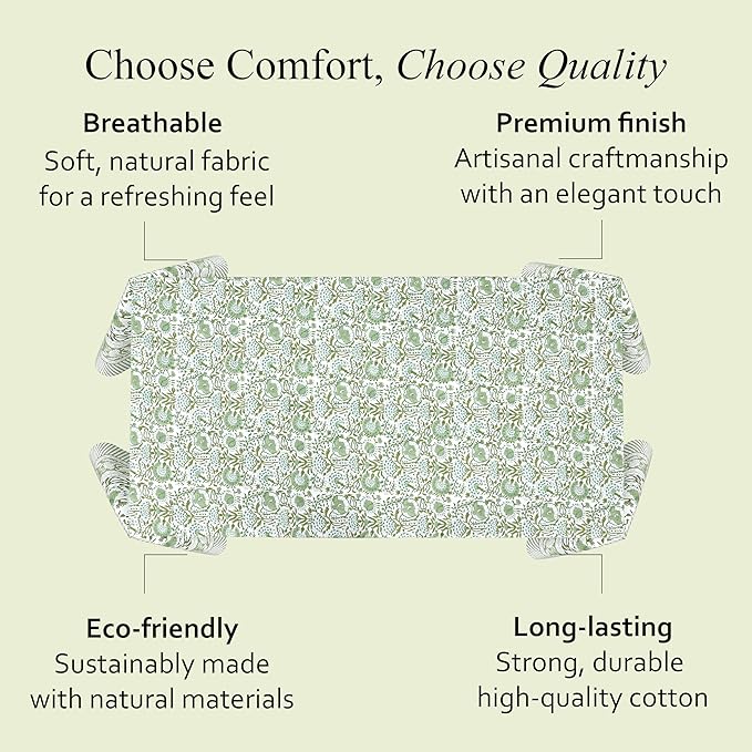 CPC Tablecloth 100% Cotton 72x140 Inch Indian Block Print Rectangle Table Cover, Green Table Cloth for Weddings, Spring/Summer, Barbeque - Agate Green