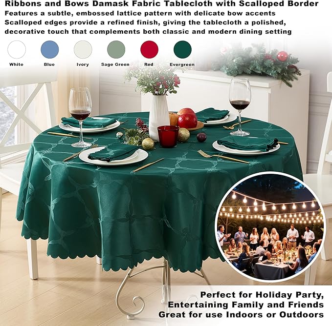 Newbridge Round Tablecloth, 70 Inch, Spring and Easter Ribbons and Bows Damask, Wrinkle and Stain Resistant Fabric Table Cloth, Holiday Evergreen
