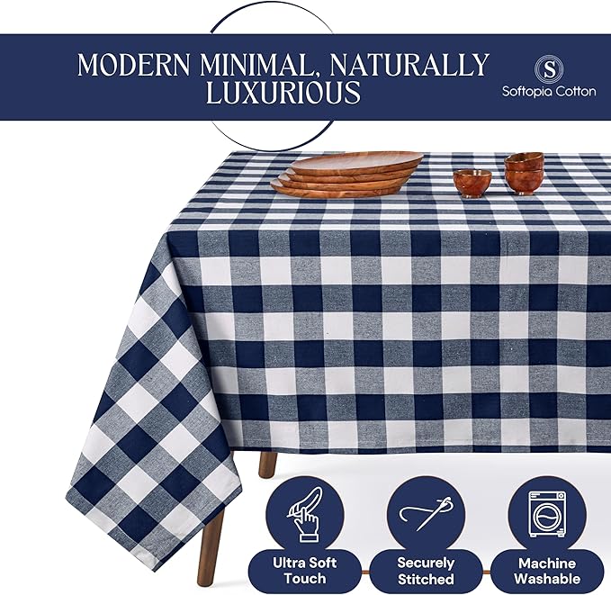 Navy Blue Buffalo Check Tablecloth, 60x102 Inches, Plaid Dining Table Cover, 100% Cotton, Washable, Reusable Farmhouse Table Linen for Holidays, Winter Meals, Wedding, Everyday Dining