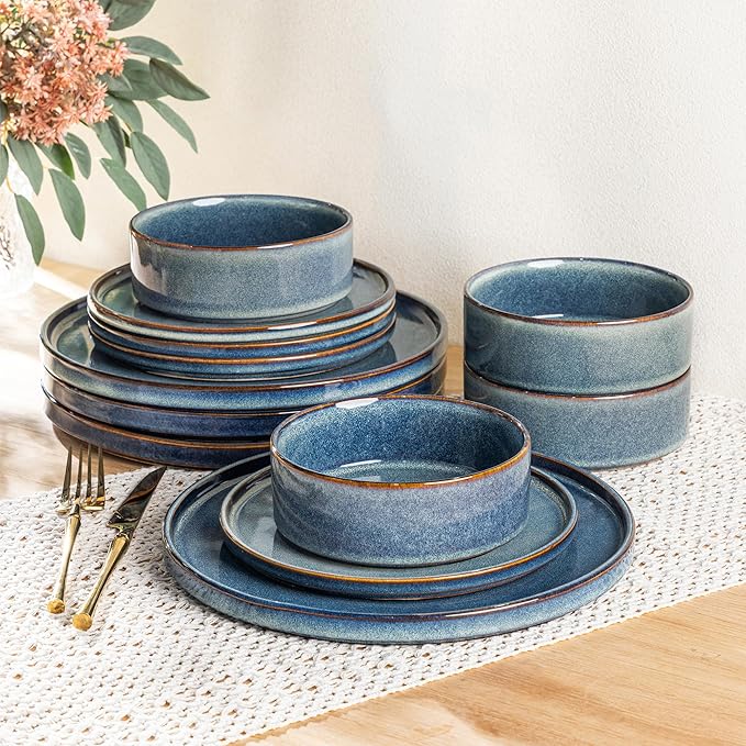 AmorArc Ceramic Dinnerware Sets, Handmade Reactive Glaze Stoneware Plates and Bowls Sets,Highly Chip and Crack Resistant | Dishwasher & Microwave Safe Dishes Set, Service for 4 (12pc)