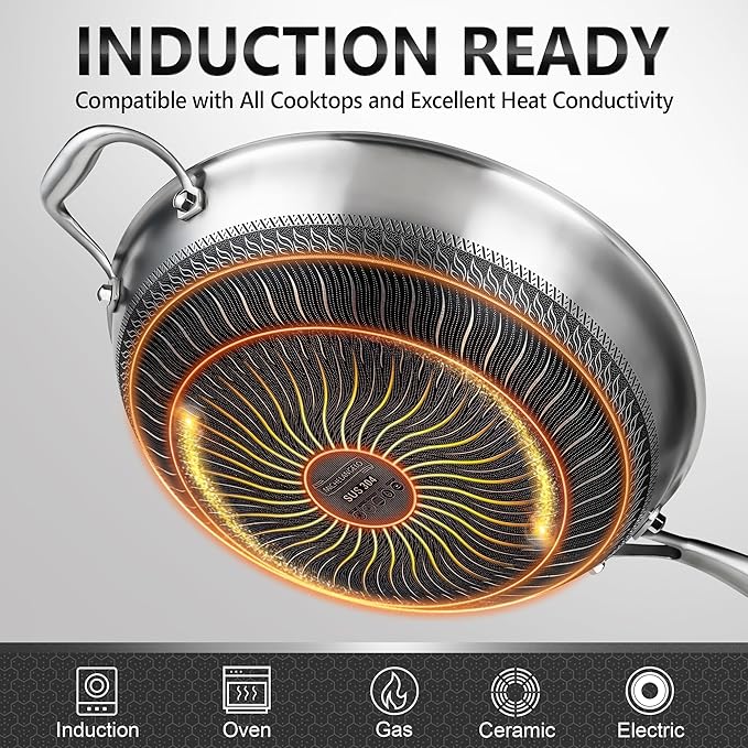 MICHELANGELO Honeycomb Wok Pan with Lid, 12.5 Inch Stainless Steel Woks & Stir-fry Pans with Stay Cool Handle, Flat Bottom Wok with Vertical Lid, Induction Wok, Dishwasher Oven Safe