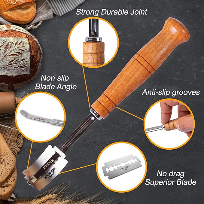 EROIR Danish Dough Whisk Set with Bread Lame - 13 Inch Dutch Dough Whisk - Bread Lame Dough Scoring Knife with 10 Razor Sharp Blades and Leather Cover