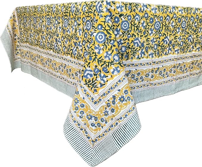 ATOSII Marigold Blue Yellow 100% Cotton Fall Tablecloth, Handblock Print Rectangle Table Cover for Kitchen Dining Linen I Parties, Weddings, Outdoors, Easter Table Decor 60 X 90 Inches I 6 Seater