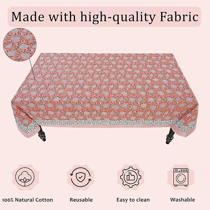 Ridhi Hand Block Print Dark Salmon Pink Rectangle Cotton Tablecloth 118" x 70" Reusable Table Cover Decorative Everyday Use for Dining, Farmhouse, Home Gift for Spring, Easter, Valentine