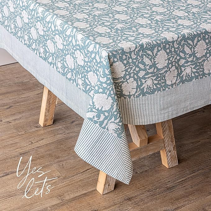 Over&Back Hand-Screened Tablecloth - Dining Table Cover - Each Tablecloth is Unique - 100% Cotton - Machine Washable - Kitchen and Home Decor - Blue Floral - 70x90
