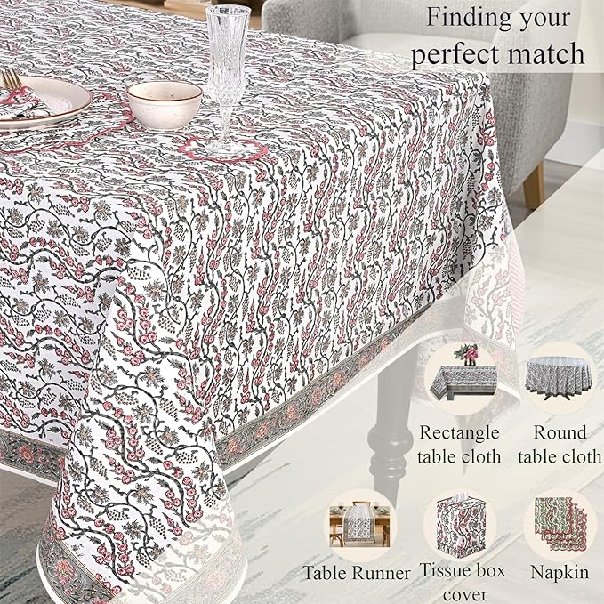 Ridhi Hand Block Print Coral Pink Rectangle Cotton Tablecloth 108" x 70" Reusable Table Cover Decorative Everyday Use for Dining, Farmhouse, Home Gift for Spring, Easter, Valentine