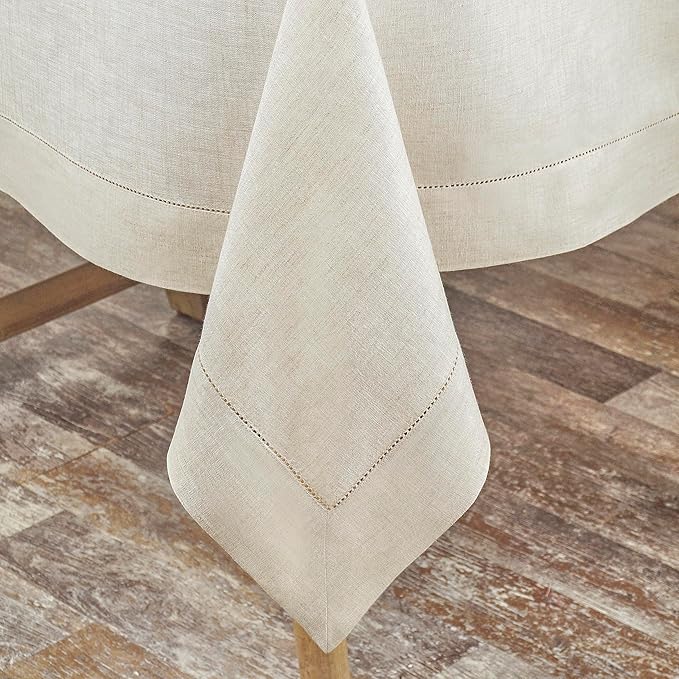 D'Moksha Homes Light Natural Linen Tablecloth 54 x 72 Inch - 100% Pure Linen Natural Table Cloth for Rectangle Tables - Classic Hemstitch, Machine Washable Tablecloth for Valentines, Spring, Easter