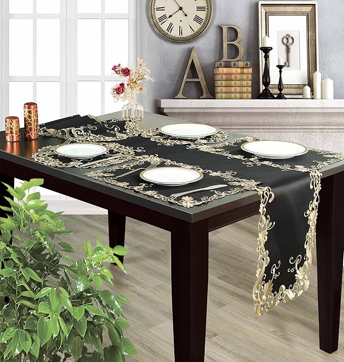 Decozen Set of 8 Doilies for Table, Lace Doilies - Rustic, Crochet, Farmhouse, Kitchen, Dining Table Centerpiece Decor - Round Christmas Placemats 15 inch Gold Black, The Chantelle Collection