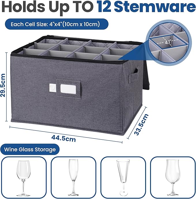 Luxula Wine Glass Storage Box 2-Pack, China Storage Containers with Dividers for 24 Glasses, 11'' Tall, Rigid Sides, Dual Zipper & Handles, Stackable Glassware Storage Organizer for Moving & Home Use