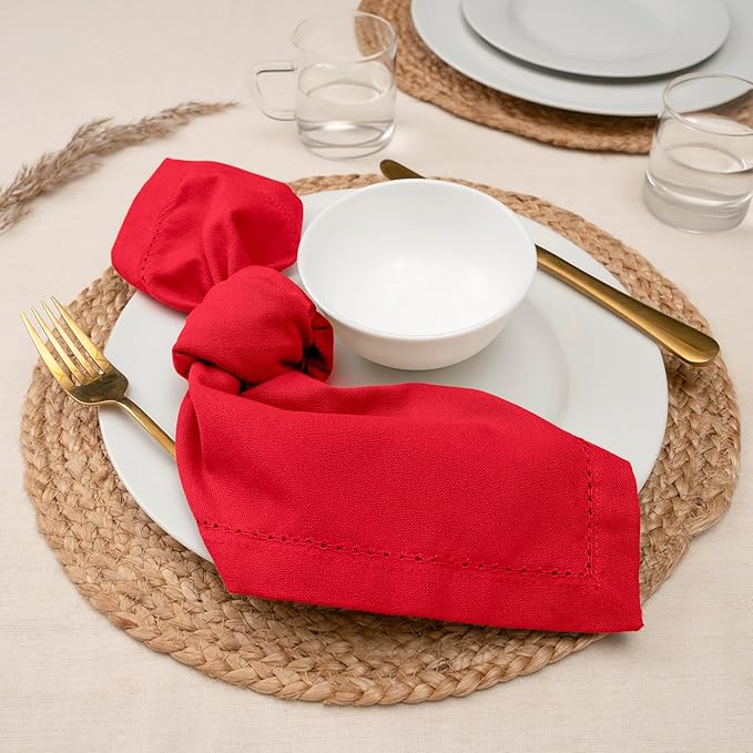 Blue Needles Set of 6 Hemstitch Linen Napkins 100% Cotton Red Cloth Dinner Napkins 18x18 inches, Soft, Reusable, Absorbent, Washable, Ideal for Valentine's Day Events, Parties & Everyday Use