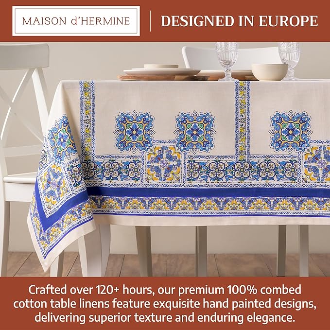 Maison d' Hermine Premium Table Cloth Rectangle Table 100% Combed Cotton 120 x 70 Inches Tablecloth Reusable Decorative for Dining Room, Farmhouse, Home, Party, Festive & Wedding - Sciacca