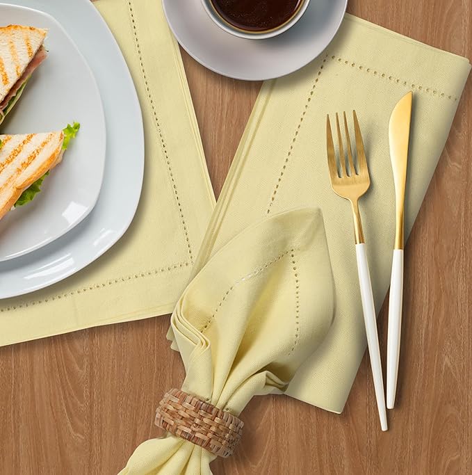 Bedding Craft Cotton Cloth Dinner Napkins Set of 12 – 18x18 French Vanilla Hemstitched – Machine Washable Fabric Napkins for Thanksgiving, Christmas, Weddings & Everyday Dining