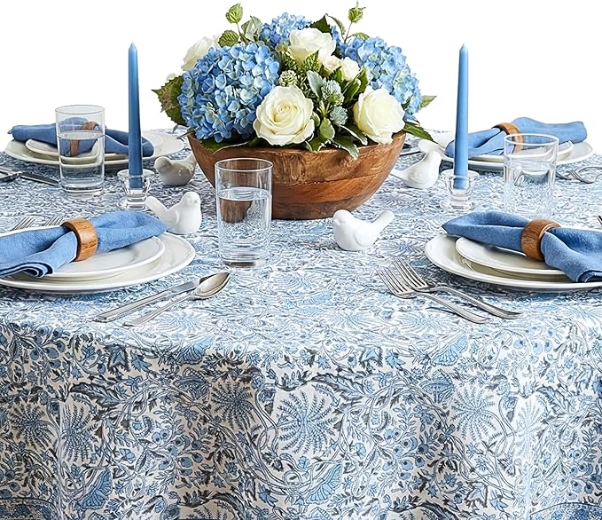 ATOSII Cotton Tablecloth 60" Inches Round Butterfly Blue