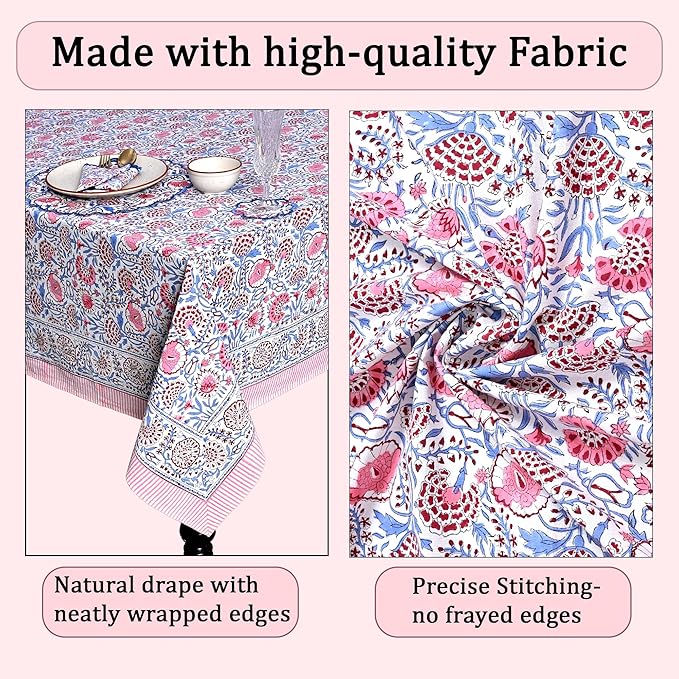 Ridhi Hand Block Print Pigeon Blue Flamingo Pink Rectangle Cotton Tablecloth 190" x 72" Reusable Table Cover Decorative Everyday Use for Dining, Farmhouse, Home Gift for Spring, Easter, Valentine