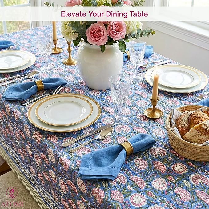 ATOSII Clover Pink 100% Cotton Rectangle Boho Fall Tablecloth, Handblock Floral Table Cloth Linen for Kitchen Dining I Parties Wedding Outdoors Christmas Thanksgiving I 72 X 108 Inches I 8 Seater