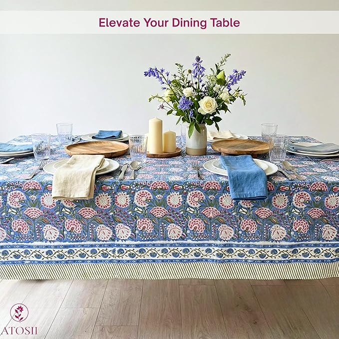 ATOSII Clover Pink 100% Cotton Rectangle Boho Fall Tablecloth, Handblock Floral Table Cloth Linen for Kitchen Dining I Parties Wedding Outdoors Christmas Thanksgiving I 72 X 120 Inches I 10 Seater