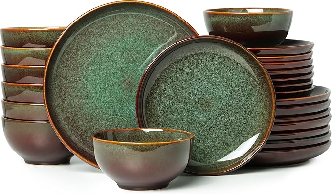 24 Piece Dinnerware Sets for 8, Modern Stoneware Plates and Bowls Setst, Perfect for Family Gatherings & Holiday Celebrations, Easy Cleaning Dishes Set, Stack Compactly Dishware, Brown Green