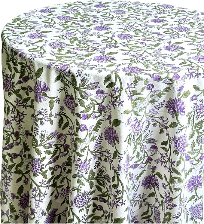ATOSII Mahoka 100% Cotton Round Spring Summer Tablecloth, Block Print Floral Table Cloth for Kitchen Dining Linen I Parties, Weddings, OutdoorsI 72" Inches Round, 4 Seater