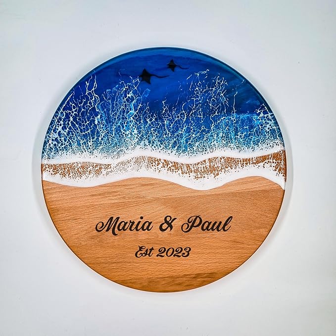 Resin Personalized Round Wood and Ocean Blue Resin Charcuterie Board, Custom Engraved Cheese Platter Wedding Gift, Housewarming Gift, Custom Name Board, Engraved Circle Charcuterie Board