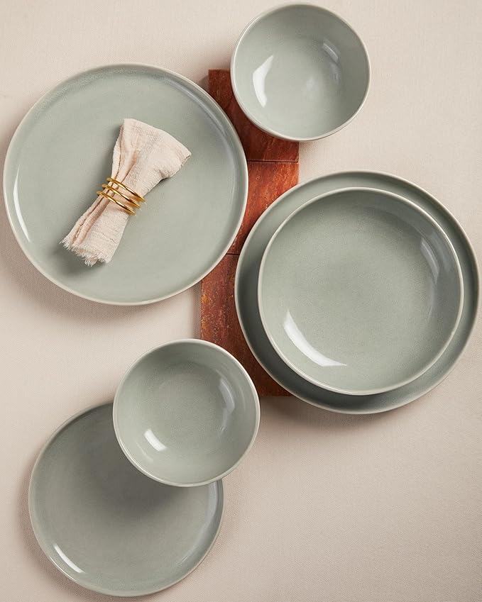 Dinnerware Sets for Family of 6, Ceramic Plates and Bowls Set, Kitchen Dish Set, Microwave & Dishwasher Safe Dishware, Highly Durable Reactive Glazed Dinner Set, Gray Green