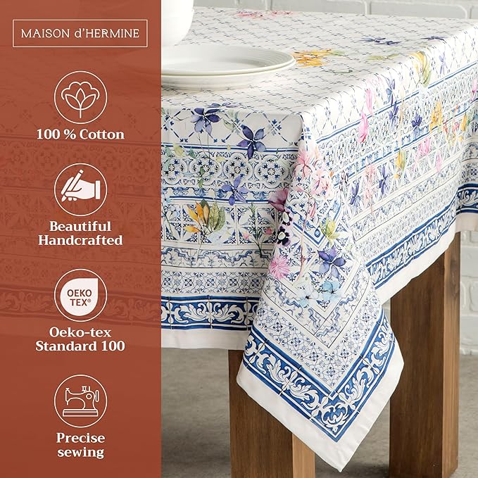 Maison d' Hermine Table Cloth Rectangle Table 100% Cotton 70 x 120 Inches Tablecloth Reusable Decorative for Dining Room Farmhouse Home Valentines Day Decorations Spring Summer - Faience