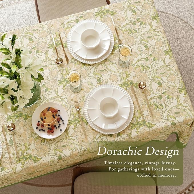 French Linen Tablecloth Rectangular, Vintage Floral Table Cloth, Waterproof Table Cover for Picnic Dining Party Wedding, Sage Green, 67x118''