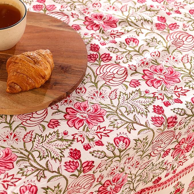 Hand Block Printed Table Cover - Exquisite Design, Premium Cotton Fabric, Perfect for Dining and Decor, Dining Table Linen (Peach Rose Bloom, 12 Seater 72 x 135 Inches Rectangle)