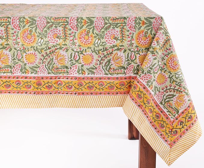 ATOSII Clover Green 100% Cotton Rectangle Fall Tablecloth, Handblock Floral Print Linen Table Cloth for Kitchen Dining I Parties, Weddings, Outdoors, Easter I Home Decor 60 X 90 Inches I 6 Seater