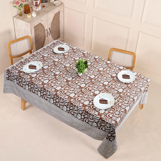 Handblock Print Cotton Tablecloth – 72x108 Rectangular Table Cover Seats 6–8 – Indian Block Printed Floral Dining Table Linen – Boho Washable Cloth for Kitchen, Party, Outdoor, Dark Brown