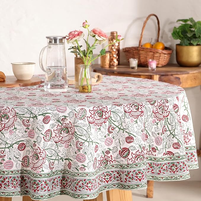 Hand Block Printed Table Cover - Exquisite Design, Premium Cotton Fabric, Perfect for Dining and Decor, Dining Table Linen (Stone Green Blossom, 6 Seater 72 Inches Round)
