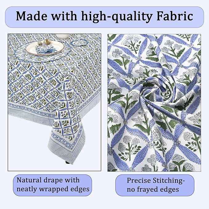 Ridhi Hand Block Print Light Steel Blue Rectangle Cotton Tablecloth 120" x 60" Reusable Table Cover Decorative Everyday Use for Dining, Farmhouse, Home Gift for Spring, Easter, Valentine