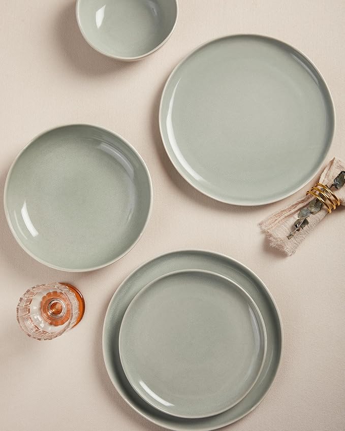 Large Holiday Dinnerware Sets for 8, Ceramic Plates and Bowls Set, Kitchen Dish Set, Microwave & Dishwasher Safe Dishware, Perfect for Christmas & Thanksgiving, Gray Green
