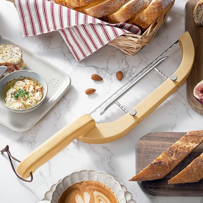 Adjustable Bread Bow Knife for Perfect Slices, Premium Wooden Frame, Tool-Free Blade Replacement, Multi-Thickness Cutter for Homemade Bread, Sourdough, Bagels, Loaves - Birch