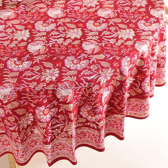 Hand Block Printed Table Cover - Exquisite Design, Premium Cotton Fabric, Perfect for Dining and Decor, Dining Table Linen(Cherry Red,6 Seater 72 Inches Round)