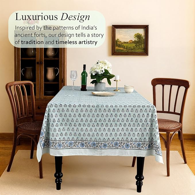 CPC Tablecloth 100% Cotton 72x140 Inch Indian Block Print Rectangle Table Cover, Washable Table Cloth for Weddings, Spring/Summer, Barbeque - Poppy Blue